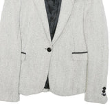 Womens White & Grey Herringbone Plain Button Jacket XS Synthetic Formal Workwear