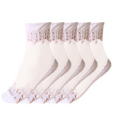 Anyfootwear 5 Pairs Women's Transparent Lace Socks Size 5-9 Breathable Silk Crystal Glass Stretch Embroidery Summer Fashion Socks White