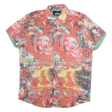 MONDO Mens Red Creative Print Cotton Blend Shirt M Artistic Short Sleeve