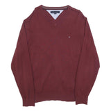 TOMMY HILFIGER Mens Maroon Plain V-Neck Basic Knit Jumper L Cotton Blend Classic