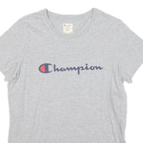 CHAMPION Womens Grey Blue Logo Modern T-Shirt L Short Sleeve Crew Neck Casual