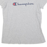 CHAMPION Womens Grey Blue Logo Modern T-Shirt L Short Sleeve Crew Neck Casual