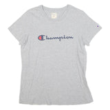 CHAMPION Womens Grey Blue Logo Modern T-Shirt L Short Sleeve Crew Neck Casual