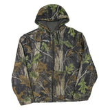 Mens Camo Print Green Brown Polyester Hooded Zip Jacket XL Fleece Casual