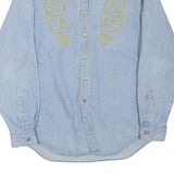 Mens Blue Light Denim Embroidered Cotton Blend Shirt M Casual Long Sleeve