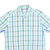 LACOSTE Mens Blue & Green Check Shirt M Cotton Blend Button Down Collar Short