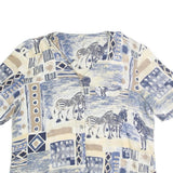 SEASUNS Womens Blue & Beige Printed Top Short Sleeve V-Neck L Cotton Blend