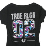 TRUE RELIGION Womens Black Graphic T-Shirt XS Short Sleeve V-Neck Camouflage