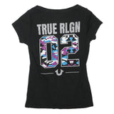 TRUE RELIGION Womens Black Graphic T-Shirt XS Short Sleeve V-Neck Camouflage