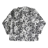 Womens Black & Silver Floral Printed Long Sleeve V-Neck Blouse L Polyester