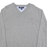 TOMMY HILFIGER Mens Grey Cotton Blend Plain V-Neck Basic Knit Jumper XL Classic