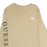 GUESS Mens Beige Long Sleeve Crew Neck Cotton T-Shirt L Logo Print