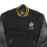 GAME SPORTSWEAR Mens Black & Yellow Retired Sheriff Wool Leather Sleeve Bomber