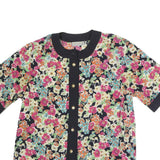 AQUA Womens Black Floral Print Button Short Sleeve Crew Neck Top M Stylish
