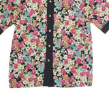 AQUA Womens Black Floral Print Button Short Sleeve Crew Neck Top M Stylish