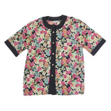 AQUA Womens Black Floral Print Button Short Sleeve Crew Neck Top M Stylish