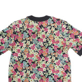 AQUA Womens Black Floral Print Button Short Sleeve Crew Neck Top M Stylish