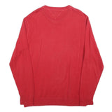 TOMMY HILFIGER Mens Red Plain Cotton Blend Jumper Crew Neck Basic Knit L Classic