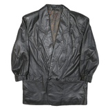 Mens Black Leather Button Jacket M Woven Classic Large Collar Long Sleeve