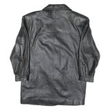 Mens Black Leather Button Jacket M Woven Classic Large Collar Long Sleeve