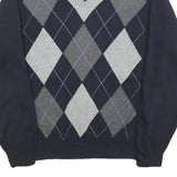 IZOD Mens Navy Blue Grey Argyle Cotton Jumper V-Neck Basic Knit M Classic