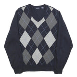 IZOD Mens Navy Blue Grey Argyle Cotton Jumper V-Neck Basic Knit M Classic