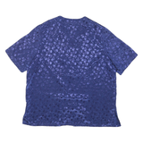 Womens Blue Silk Printed Top Short Sleeve V-Neck UK 14 Button Front Elegant