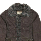 POWDER RIVER Womens Brown Suede Button Jacket L Woven Faux Fur Collar Pocket