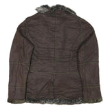 POWDER RIVER Womens Brown Suede Button Jacket L Woven Faux Fur Collar Pocket