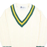 GUNN & MOORE Mens Cream Green & Yellow Classic Jumper V-Neck Cable Knit L