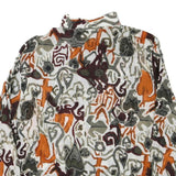 Womens White Orange Brown Abstract Print Button Top Long Sleeve Collar M Stylish