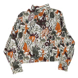 Womens White Orange Brown Abstract Print Button Top Long Sleeve Collar M Stylish