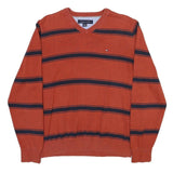 TOMMY HILFIGER Mens Rust & Navy Striped Patterned Cotton Blend Jumper V Neck