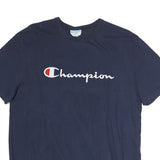 CHAMPION Mens Navy Blue Cotton T-Shirt L Short Sleeve Crew Neck Logo Graphic