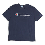 CHAMPION Mens Navy Blue Cotton T-Shirt L Short Sleeve Crew Neck Logo Graphic