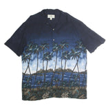 ISLAND SHORES Mens Blue Cotton XL Hawaiian Shirt Palm Trees Beach Print