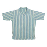 Mens Blue & Cream Striped Short Sleeve Polo Shirt L Cotton Blend Zip Collar