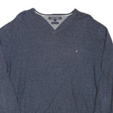 TOMMY HILFIGER Mens Blue Plain V Neck Basic Knit Jumper L Cotton Blend Casual