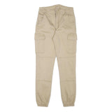 Mens Beige Cotton Blend Slim Cargo Trousers W26 L27 Zip Closure Elastic Hem
