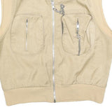 Womens Beige Sleeveless Zip Jacket S Polyester Blend Plain Utility Pocket Chain