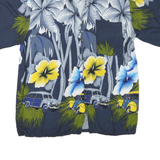 Mens Navy Blue Hawaiian Shirt M Cotton Blend Floral Palm Trees Cars Pattern