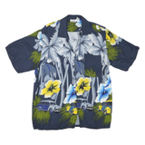 Mens Navy Blue Hawaiian Shirt M Cotton Blend Floral Palm Trees Cars Pattern