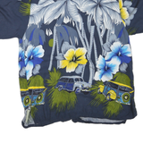 Mens Navy Blue Hawaiian Shirt M Cotton Blend Floral Palm Trees Cars Pattern