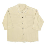 Womens Beige Cotton Blend Shirt M Button Front Frayed Hem Pearl Detail Relaxed
