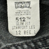 Levis 512 Slim Fit Jeans - 29W UK 10 Black Cotton