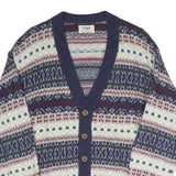 SISLEY Mens Blue White Red Patterned Button Up Fair Isle V-Neck Jumper S Cotton