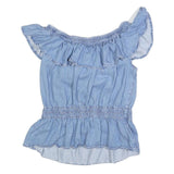 ALL SAINTS Womens Blue Cotton Blend Bardot Top L Ruffle Sleeve Casual