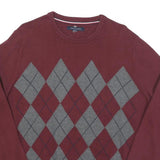 TOMMY HILFIGER Mens Maroon & Grey Patterned Jumper Crew Neck Cable Knit L Cotton