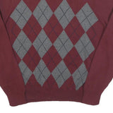 TOMMY HILFIGER Mens Maroon & Grey Patterned Jumper Crew Neck Cable Knit L Cotton