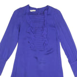 REISS Womens Blue Silk Day Dress V-Neck Long Sleeve UK 6 Elegant Ruffle Detail